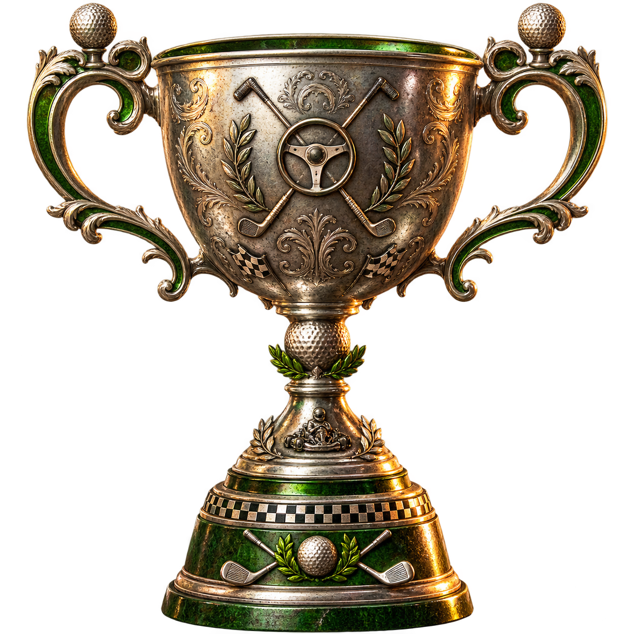 The Cunt Cup trophy, combining golf and karting details